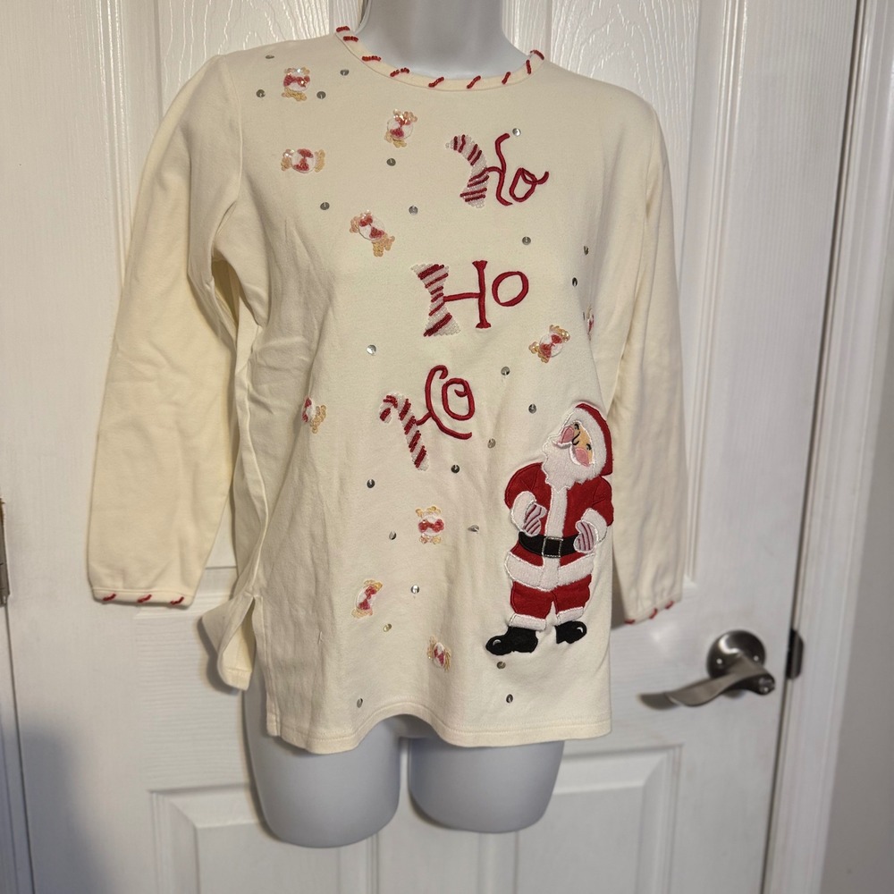 VTG  hsn Storybook Knits Christmas Santa Ho Ho Ho Beaded Sequin Top Cream XS